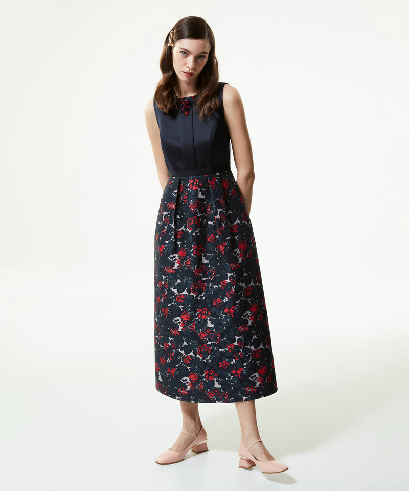 Machka Floral-Embroidered Jacquard Midi Dress Navy Blue