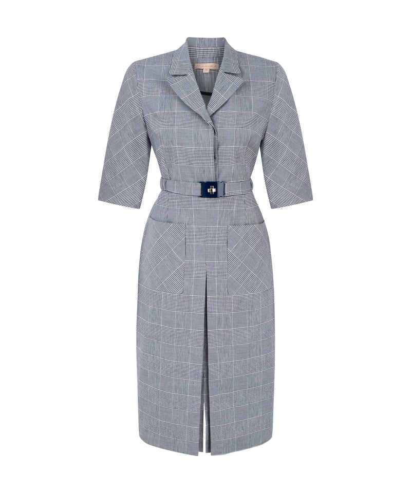 Machka Plaid Pattern Belted Sheath Dress Navy Blue