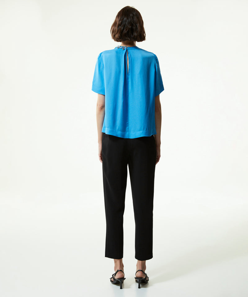 Machka Crystal-Stone Shirred Blouse Light Blue