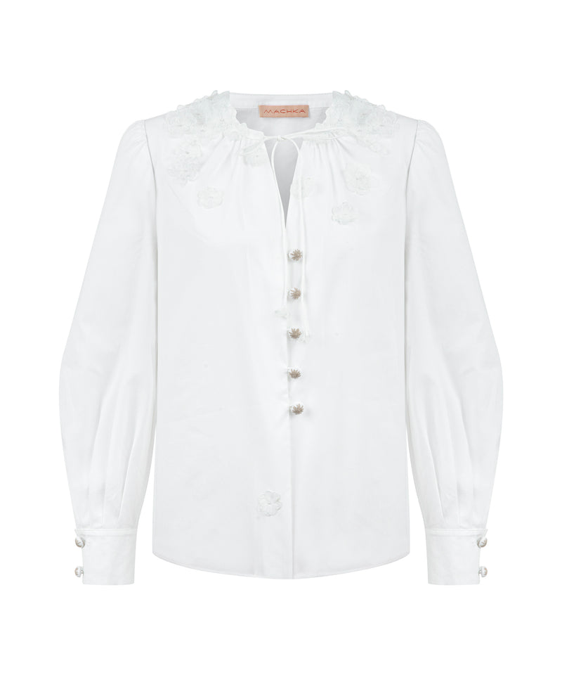 Machka Organza Flower-Embroidered Blouse White