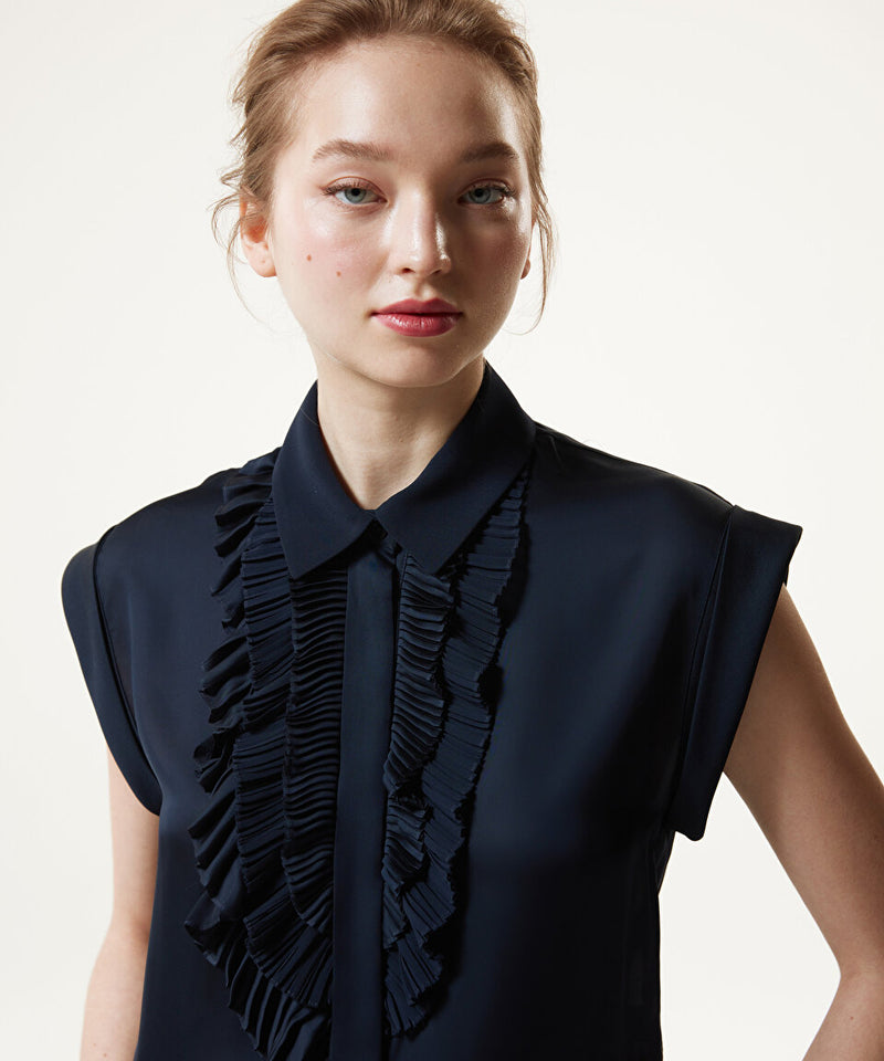 Machka Ruffled Detail Sleeveless Blouse Navy Blue