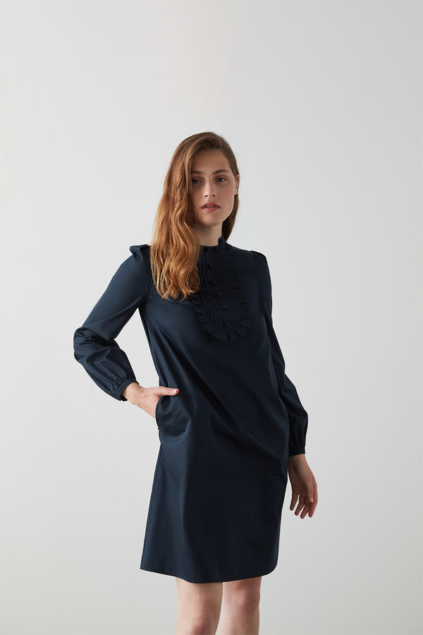 Machka Pleated Bib Detail Dress Navy