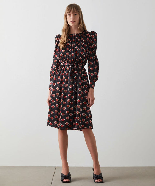 Machka Rose Pattern Silk Twill Dress Black