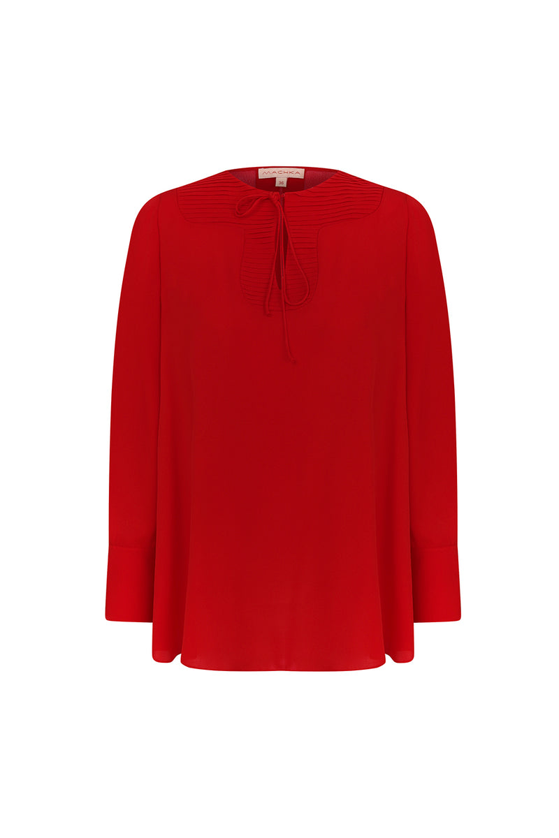 Machka Ribbed Detail Silk Blouse Red