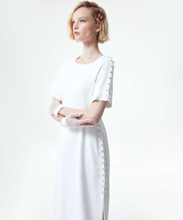 Machka Stylish One Sided Pearl Solid Dress Off White