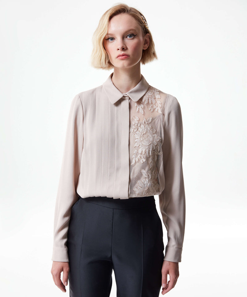 Machka Embroidered Net Pleated Blouse Beige