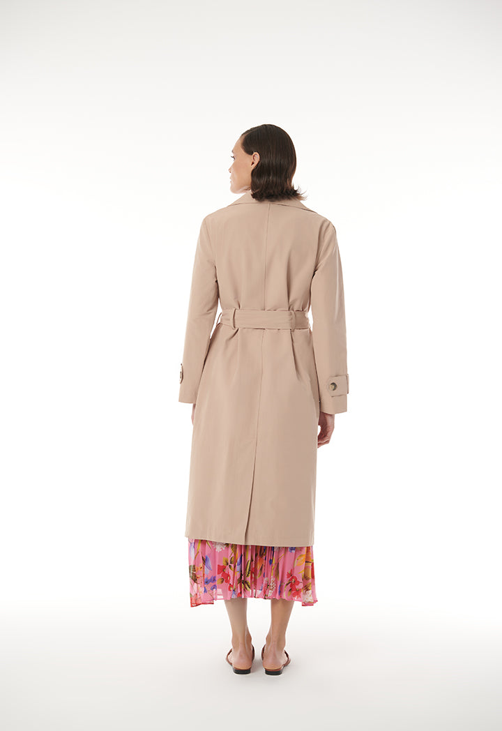 Choice Double Breasted Coat With Self Belt Beige