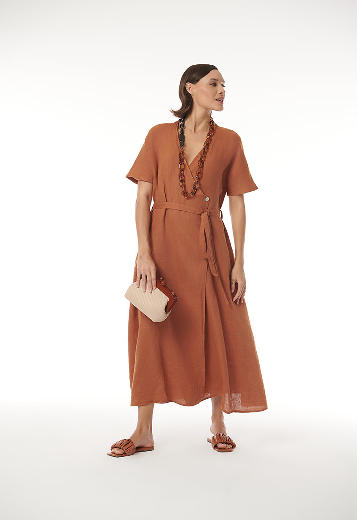 Choice Asymmetrical Front Dress With Shell Button Brown