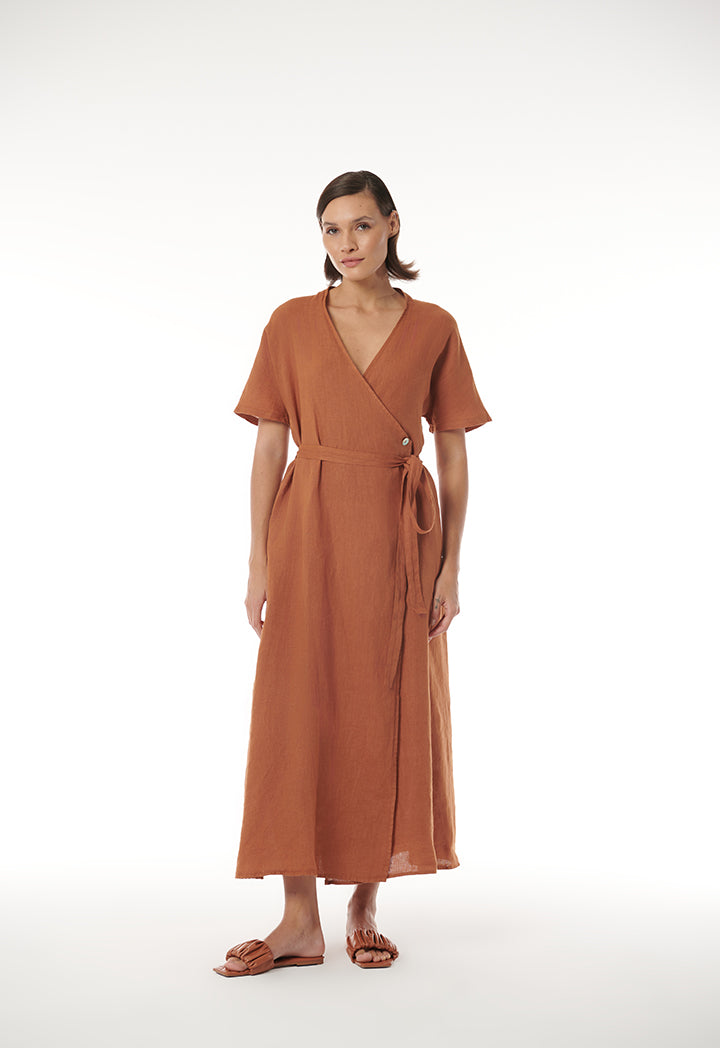 Choice Asymmetrical Front Dress With Shell Button Brown