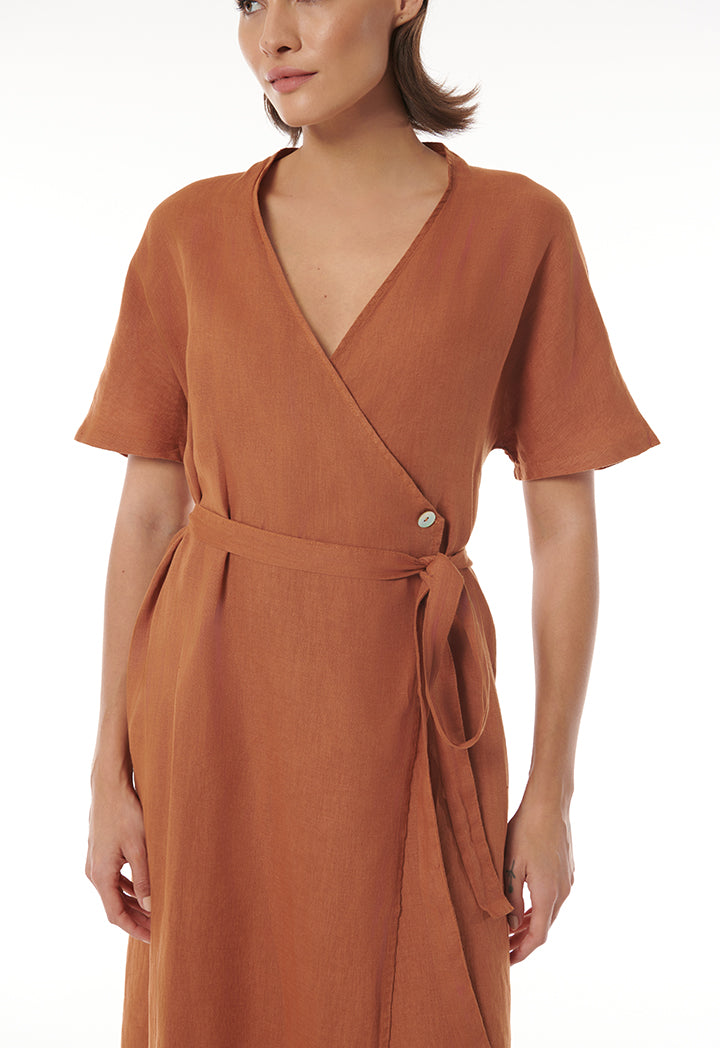 Choice Asymmetrical Front Dress With Shell Button Brown