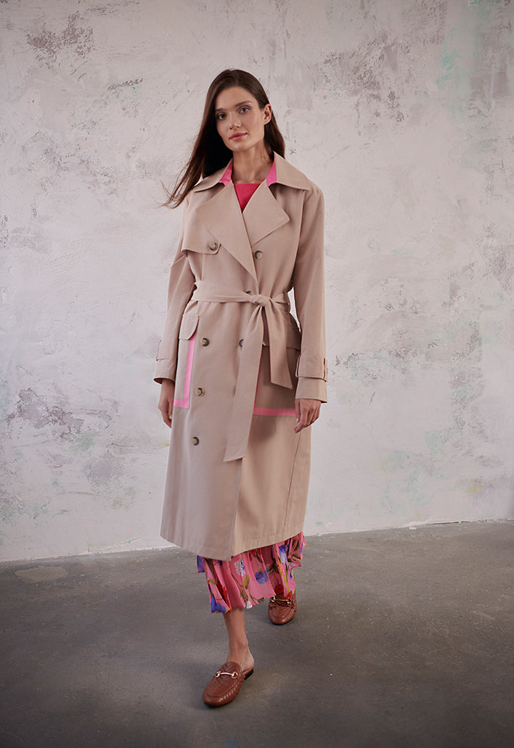 Choice Double Breasted Coat With Self Belt Beige