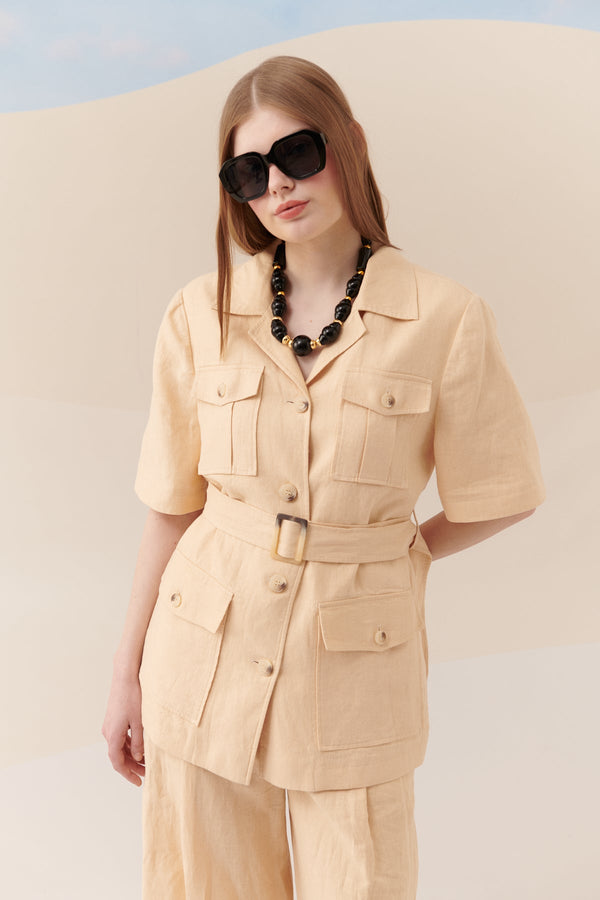 Roman Solid Pocket Detail Jacket With Belt Natural