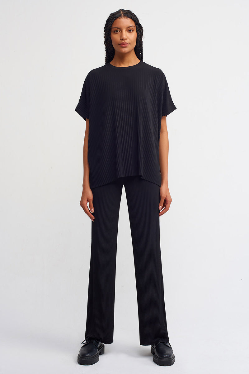 Nu Solid Allover Ribbed Blouse Black