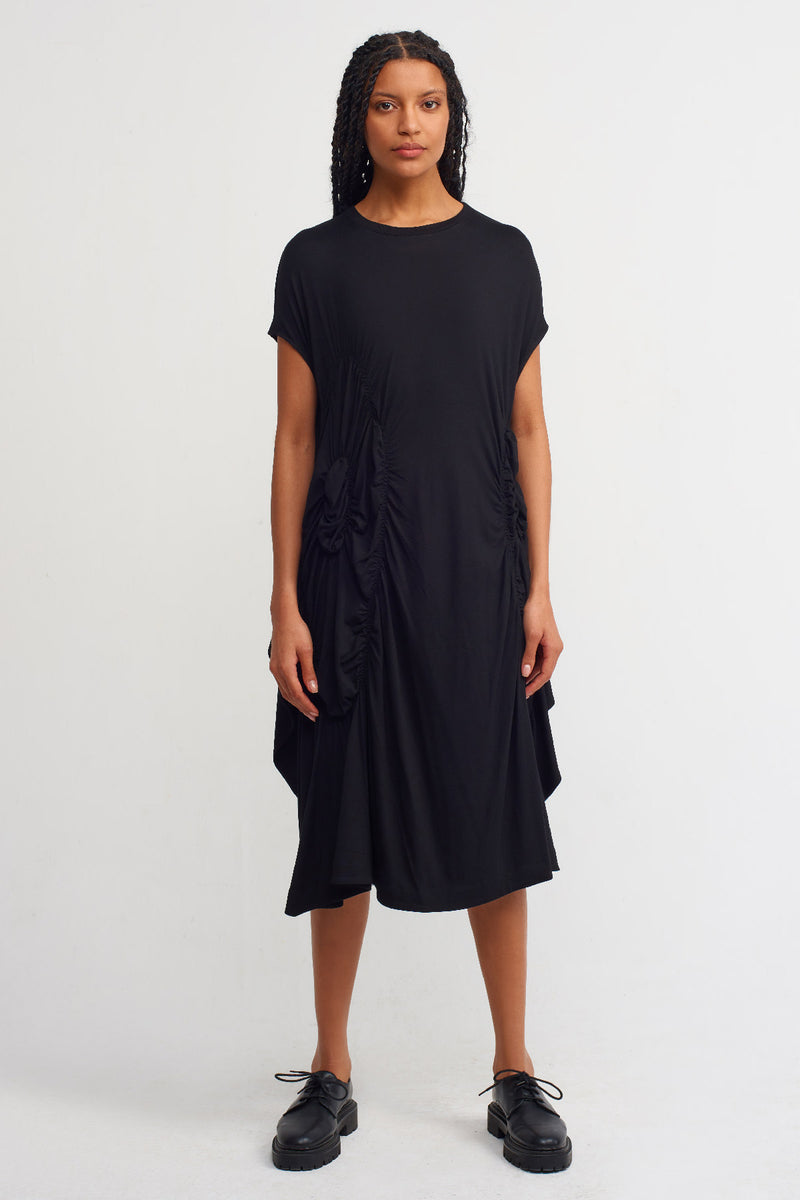 Nu Shirred Detail Midi Dress Black