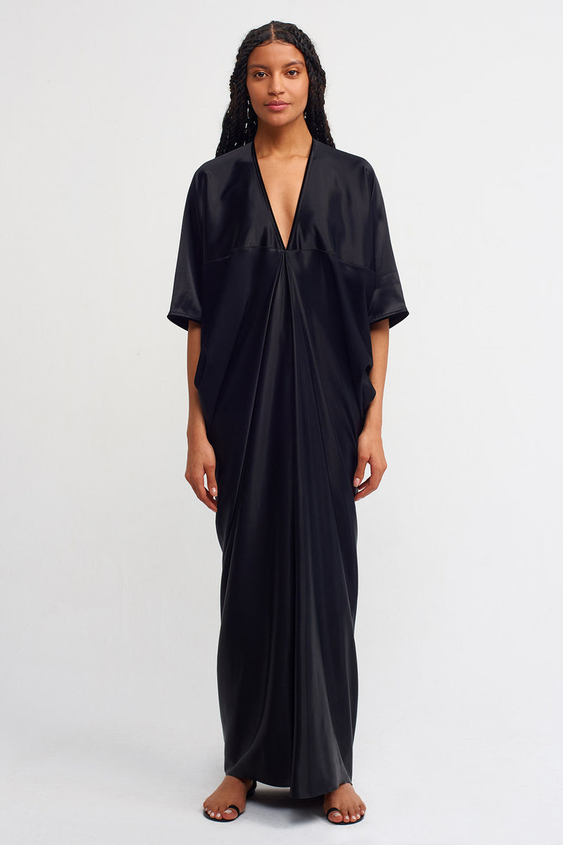 NU Deep V Neck Maxi Satin Dress Black