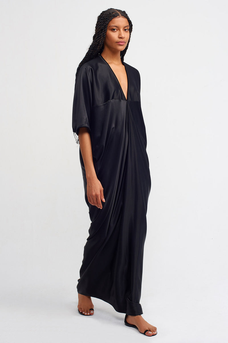 NU Deep V Neck Maxi Satin Dress Black