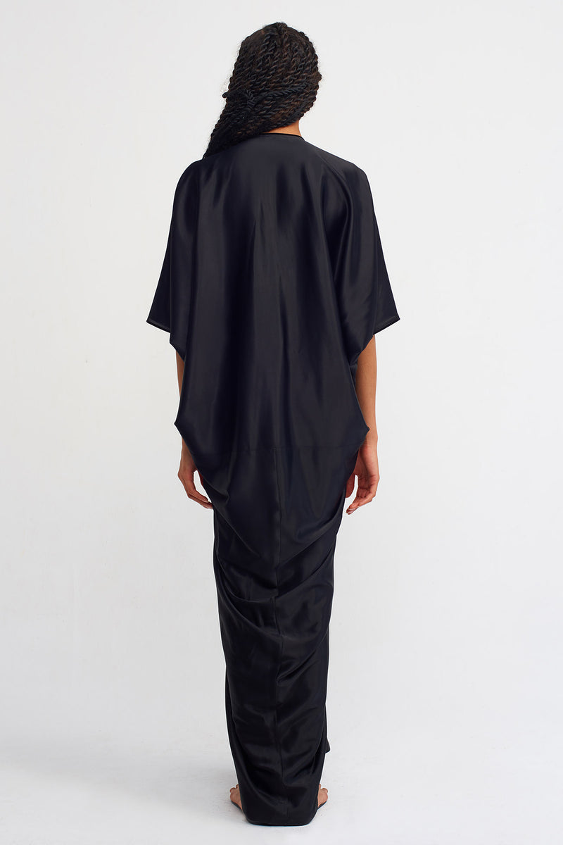 NU Deep V Neck Maxi Satin Dress Black